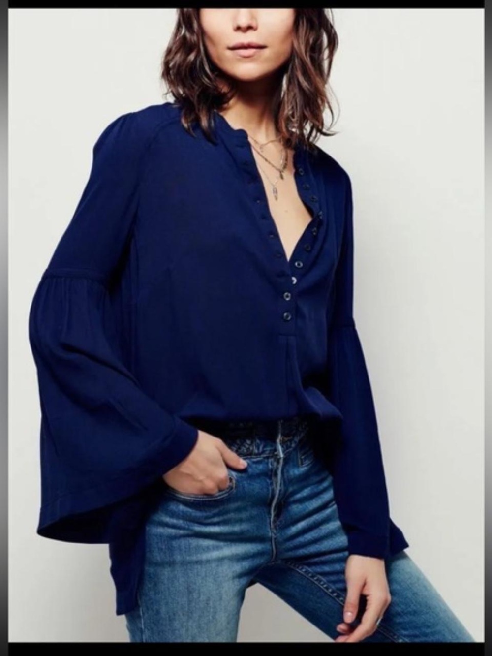 Free People Navy Bell Sleeve Tunic Blouse | Women’s Medium | Boho Top